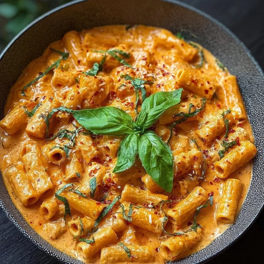 Delicious creamy tomato garlic pasta served in a bowl.
