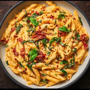 Creamy vegan sun-dried tomato pasta served in a bowl with fresh herbs