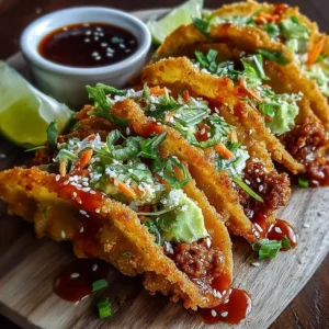 Crispy chicken wonton tacos served on a plate with fresh toppings.