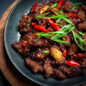 Plate of Crispy Chili Beef with vibrant peppers and glossy sauce