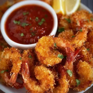 Crispy keto fried shrimp served with zesty cocktail sauce