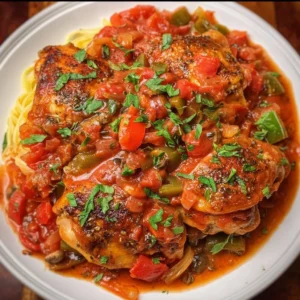 A delicious bowl of Crockpot Chicken Cacciatore with vibrant vegetables and herbs.