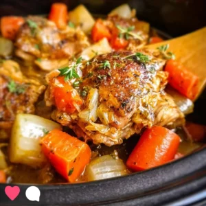 Crockpot chicken thigh pot roast with vegetables and herbs in a bowl