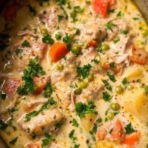 Delicious Crockpot Creamy Chicken Thigh Stew served in a bowl with herbs