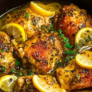 Crockpot Lemon Garlic Chicken Thighs garnished with herbs and lemon slices