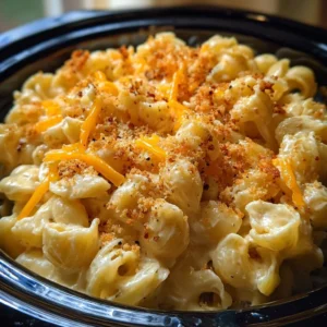 Delicious Crockpot Mac and Cheese served in a bowl with melted cheese on top