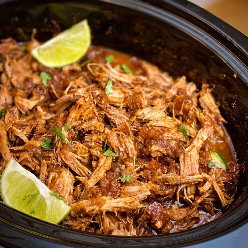 Crockpot Mexican Pulled Pork served in a tortilla with fresh toppings