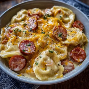Delicious Crockpot Pierogi Casserole with Kielbasa served in a dish.