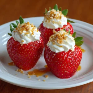 Deviled strawberries filled with cheesecake filling, served on a white plate.