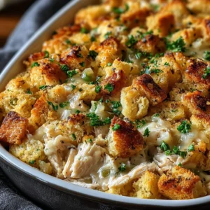 Dolly's Chicken and Stuffing Casserole topped with golden stuffing and chicken