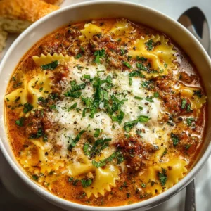 Bowl of easy creamy lasagna soup topped with cheese and herbs