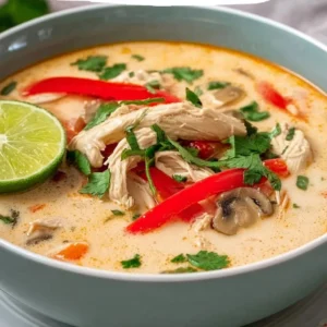 Bowl of easy creamy Thai chicken soup with herbs and spices