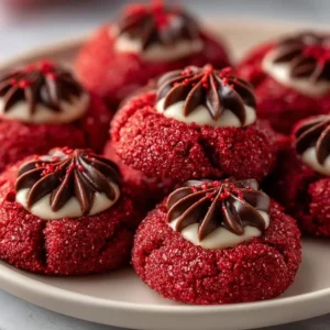 Hershey's red velvet blossoms cookies topped with chocolate