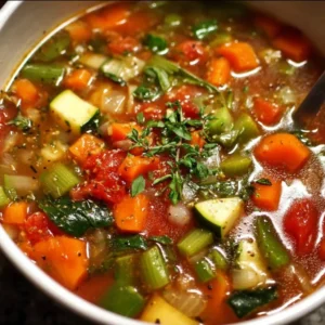 Bowl of easy vegetable soup with colorful vegetables and herbs