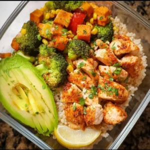 Delicious healthy chicken bowl topped with fresh vegetables and flavorful sauce