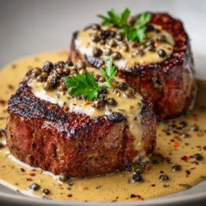 Delicious filet mignon topped with creamy peppercorn sauce on a plate.