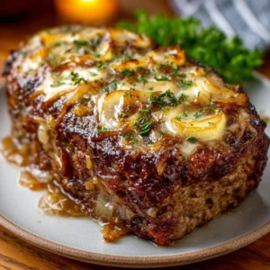 Delicious French Onion Meatloaf served with caramelized onions and melted cheese