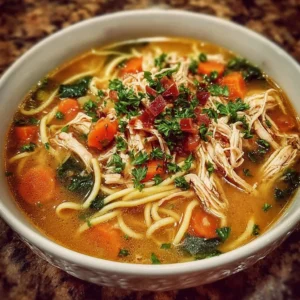 Bowl of Ginger Garlic Chicken Noodle Soup garnished with herbs