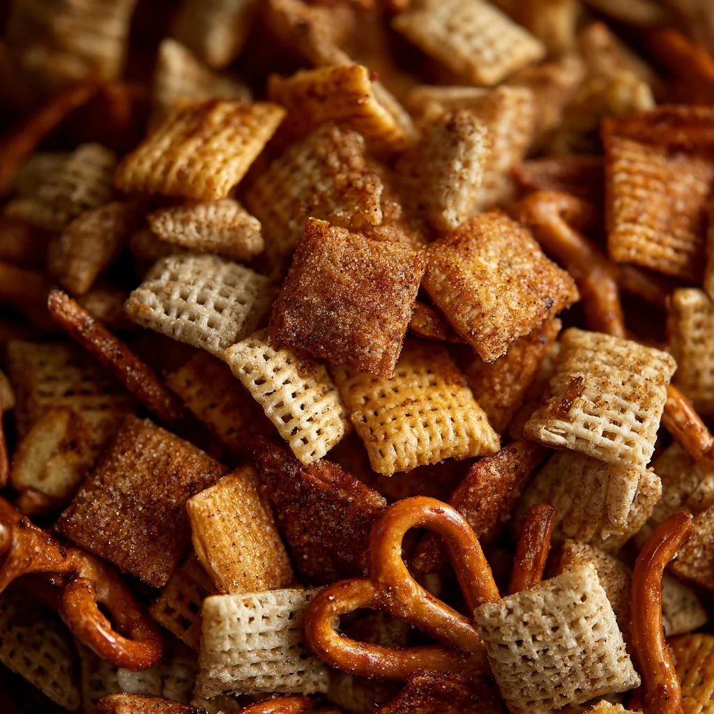 Bowl of gluten-free apple cinnamon Chex mix with a sprinkle of cinnamon
