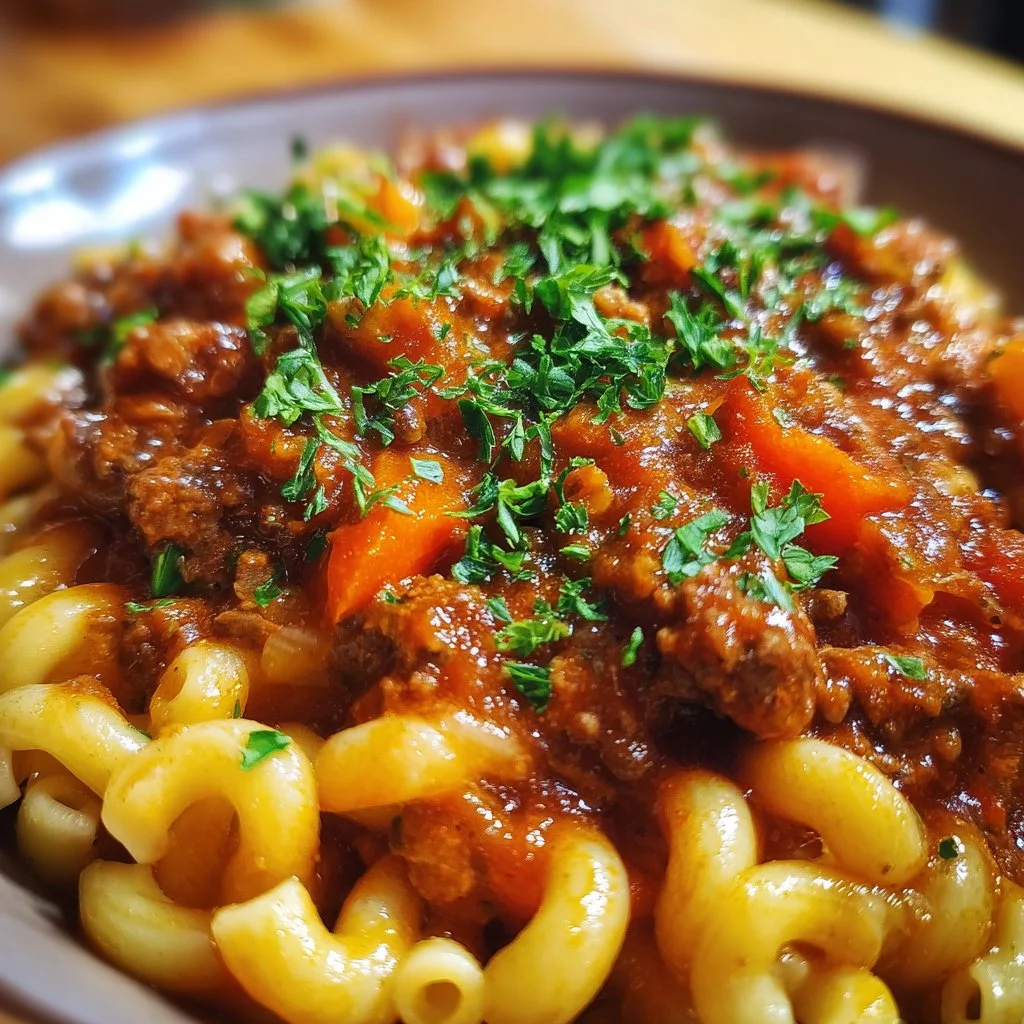 A bowl of savory Ground Beef Goulash topped with herbs and served with pasta.