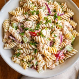 Healthy Tuna Pasta Salad with vegetables and pasta served in a bowl