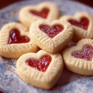 Delicious heart print cookies decorated with red icing on a white plate