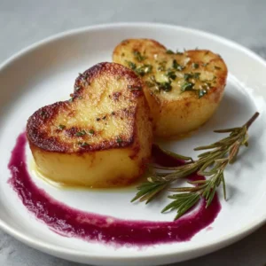 Heart-shaped fondant potatoes served elegantly on a plate