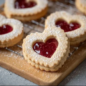 Heart shaped jam cookies fresh out of the oven