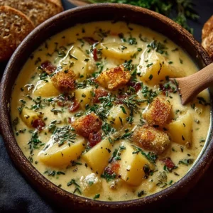Bowl of hearty cheddar garlic herb potato soup garnished with herbs