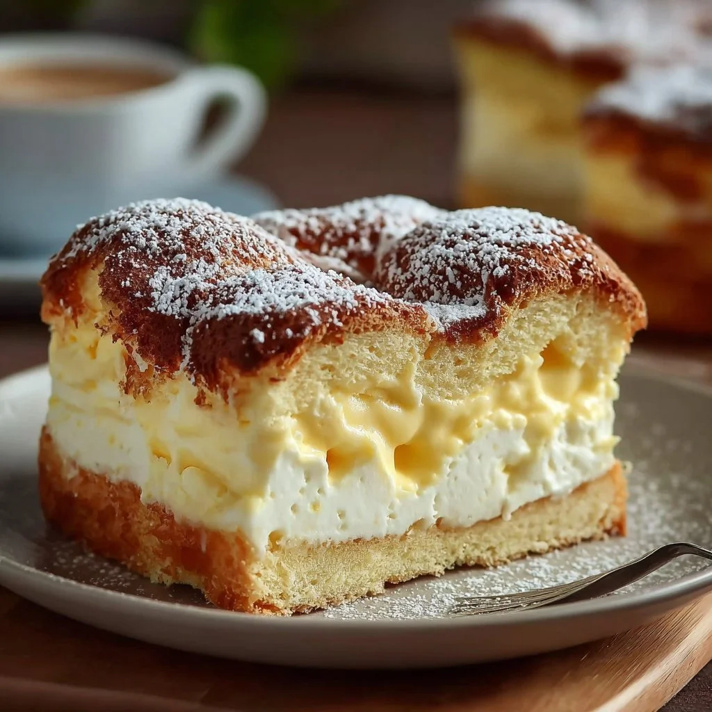 Delicious homemade Karpatka Cake with creamy filling and pastry layers