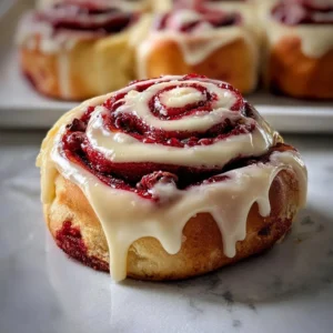 Freshly baked Heavenly Red Velvet Cinnamon Rolls on a plate with cream cheese frosting.
