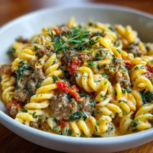 Creamy beef pasta dish served in a bowl, ideal for quick weeknight meals.