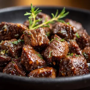 High protein slow cooker garlic butter beef bites ready to serve