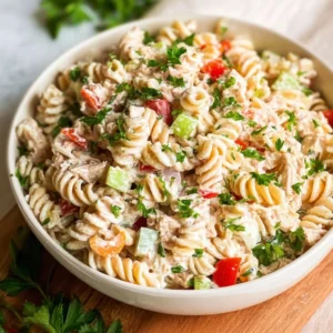 High protein tuna pasta salad with vegetables and dressing