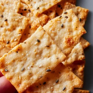 Homemade sourdough crackers displayed on a wooden board