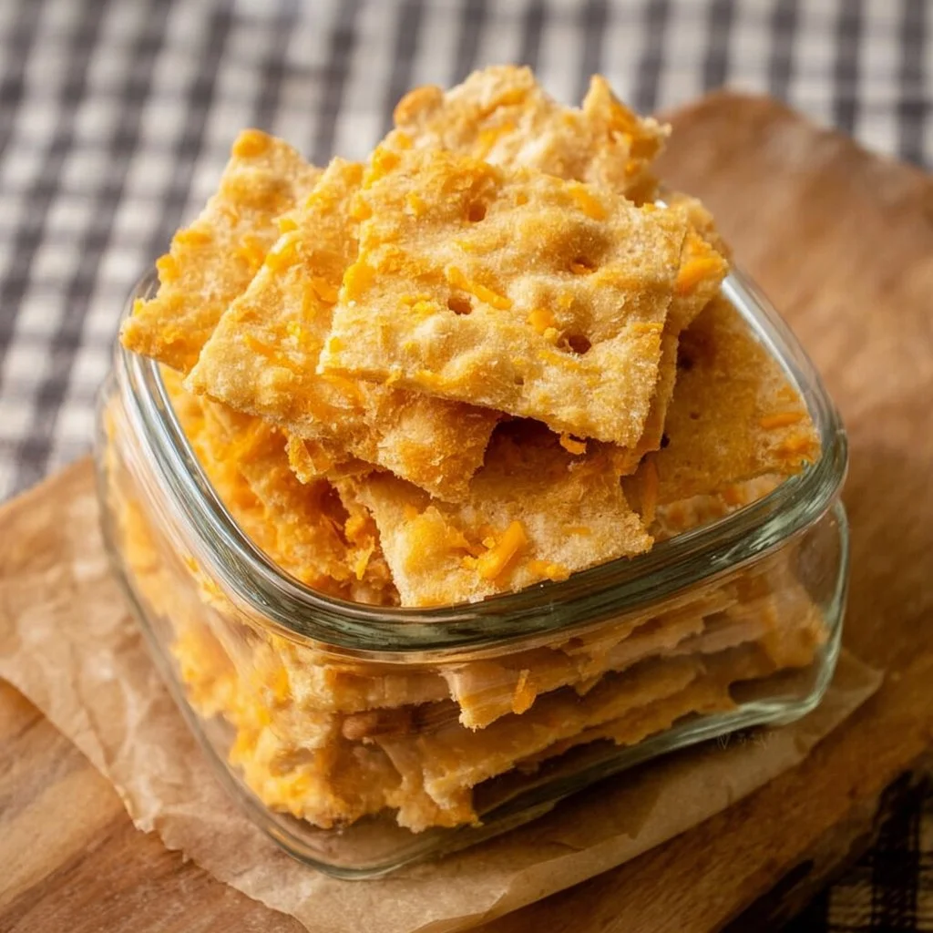 Plate of homemade sourdough crackers with cheddar cheese on a wooden table.