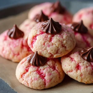 Delicious homemade strawberry kiss cookies topped with chocolate kisses