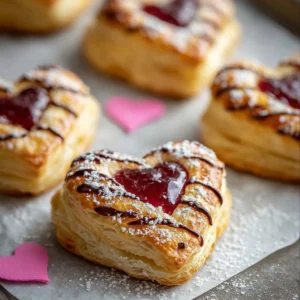 Valentine's Day puff pastry hearts topped with icing and sprinkles