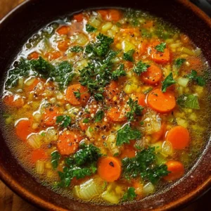 Bowl of Italian Penicillin Soup with fresh herbs and vegetables