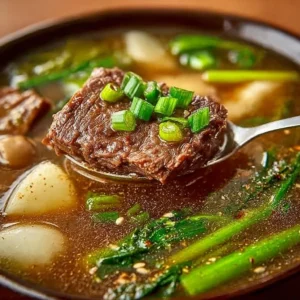 Delicious Korean winter soup served in a bowl, garnished with vegetables and herbs.