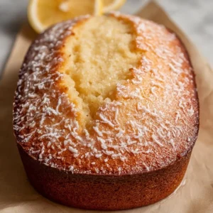 Lemon Sourdough Discard Cake topped with lemon glaze and served on a plate