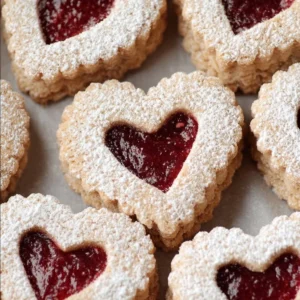 Decorative Linzer strawberry heart cookies dusted with powdered sugar