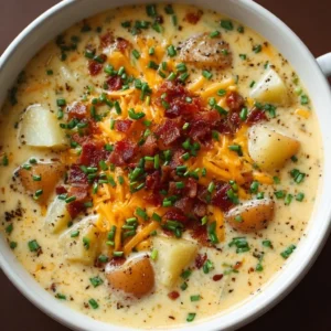 Bowl of creamy loaded potato soup garnished with cheese, bacon, and green onions