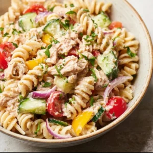 Meal prep tuna pasta salad with vegetables and dressing in a container