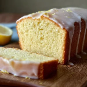Meyer lemon pound cake topped with lemon glaze on a white plate