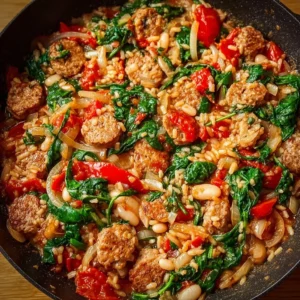 One-Pan Spicy Italian Sausage Meal with colorful veggies and seasoning.
