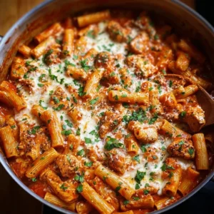One-Pot Chicken Parmesan Pasta served in a bowl with cheese and herbs