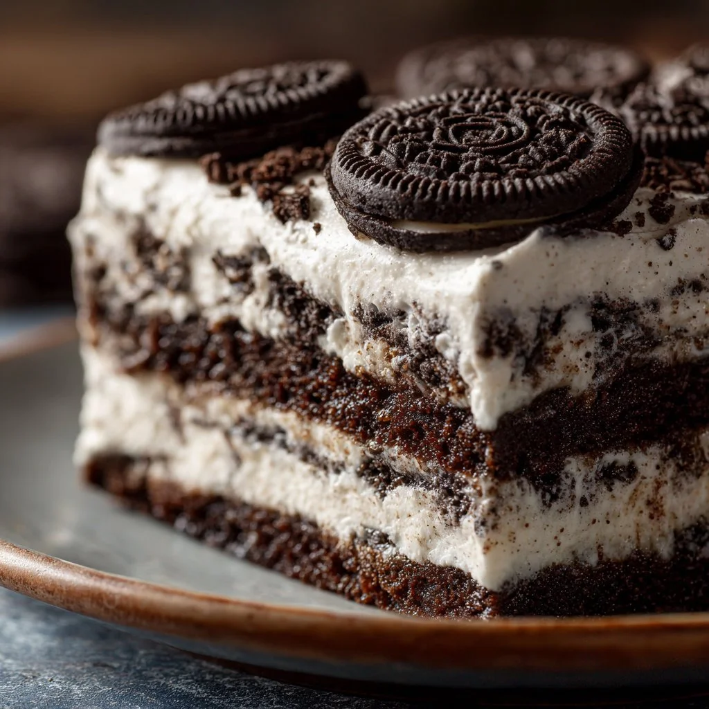 Oreo Icebox Cake with layers of cream and Oreos on a serving plate