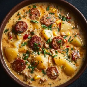 Bowl of delicious Potato and Sausage Chowder topped with fresh herbs
