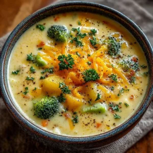 Bowl of Potato Broccoli Cheddar Soup garnished with fresh herbs